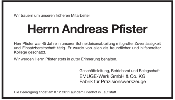 Traueranzeige von Andreas Pfister von Pegnitz-Zeitung